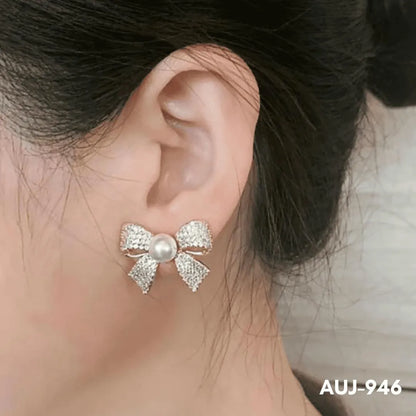Bow Earrings Gold Pearl Sparkling Zircon S925