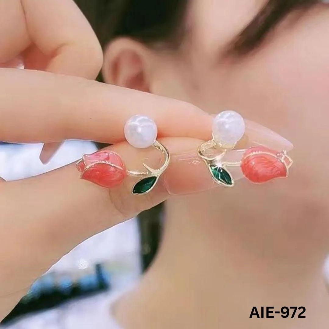 Flower Pearl Earrings Pink Green Leaf Lightweight Daily Wear
