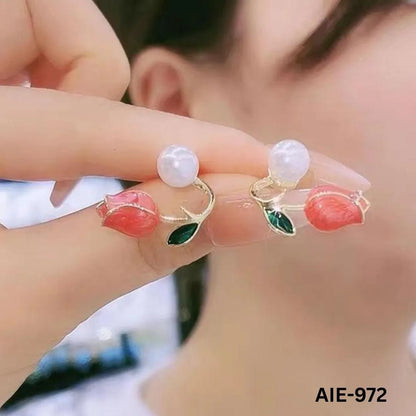 Flower Pearl Earrings Pink Green Leaf Lightweight Daily Wear