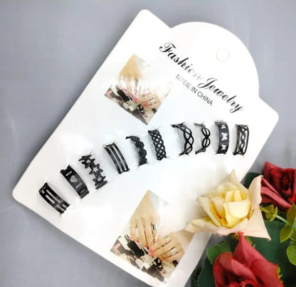 10-Piece Adjustable Ring Set Black Gold Silver Pakistani Fashion