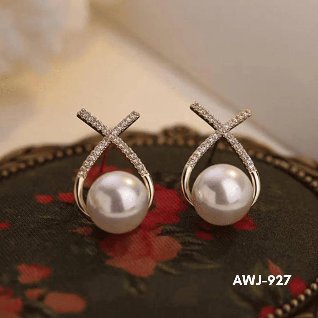 Cross Zircon Pearl Earrings Silver Gold Set