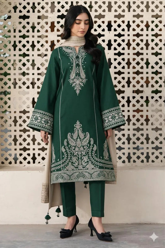 Green Lawn 3-Piece Suit with Silver Embroidery for Women