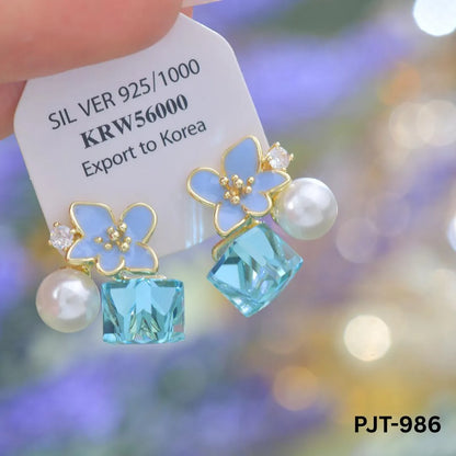Cherry Blossom Crystal Earrings Pink Blue Silver