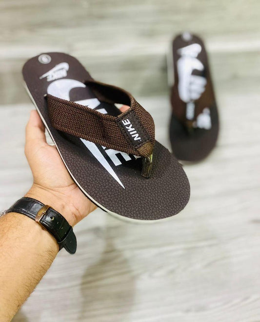 Men's Rubber Slippers Brown White Logo Comfortable