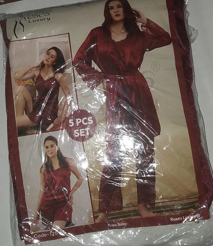 Maroon Silk 5-Piece Nightwear Set for Women