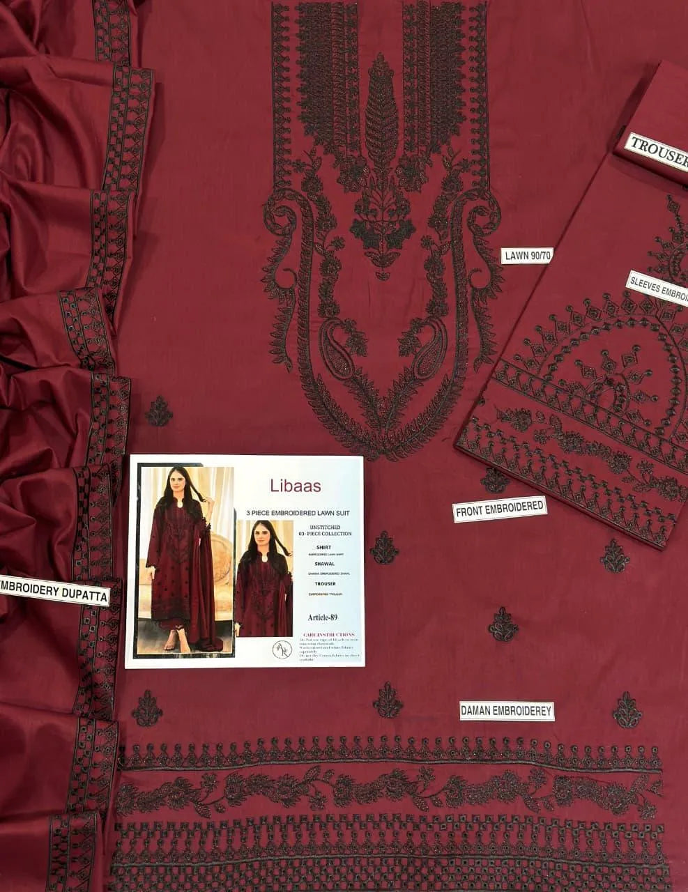 Maroon Embroidered 3-Piece Lawn Suit for Women