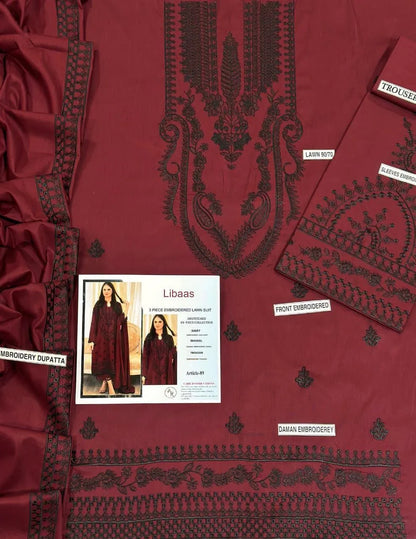 Maroon Embroidered 3-Piece Lawn Suit for Women