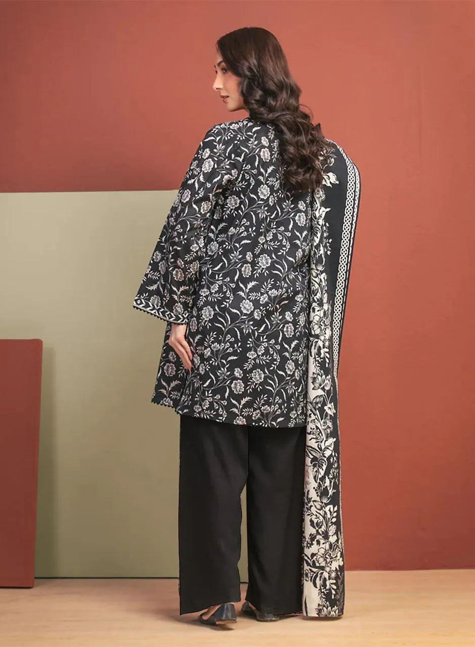 Unstitched Printed Linen 3-Piece Suit Black White Floral