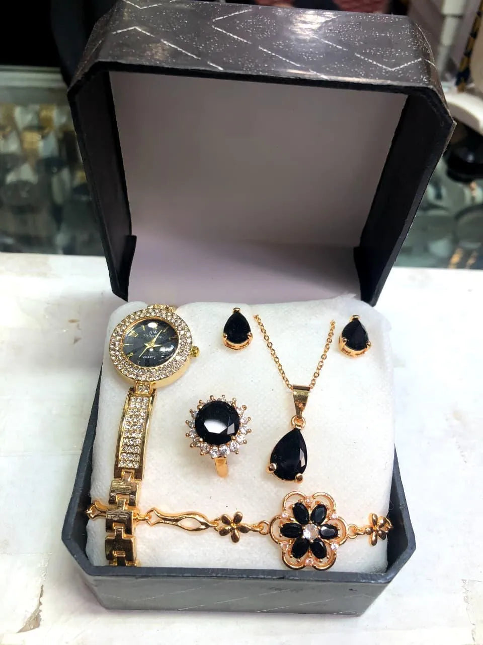 Women's Luxury Gold Plated Jewellery Watch Set with Black Stones