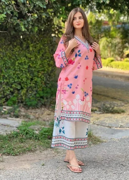 2 Pcs Women's Stitched Lawn Printed Co-Ord Set