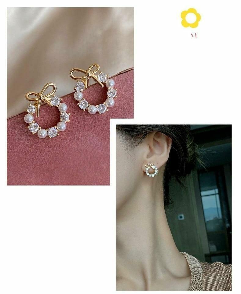 Golden Bow Earrings with Crystals & Pearls for Women