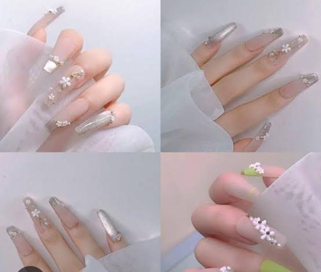 Stick-On Artificial Nails Multicolor Silver Chains Sparkles Reusable