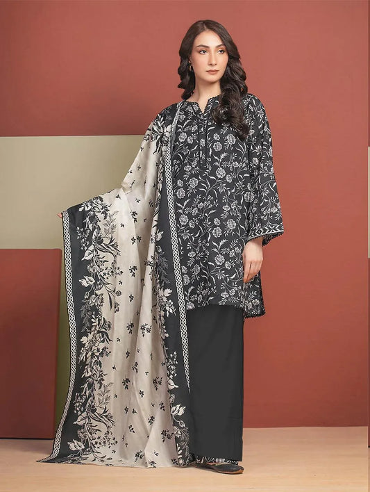Unstitched Printed Linen 3-Piece Suit Black White Floral