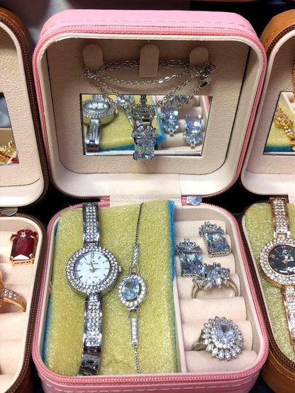 Women's Luxury Gold Plated Jewellery Watch Set with Black Stones