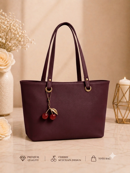 Cherry Charm Women's Tote Bag with Dual Zip Compartments, Back Pocket & Inner Pocket