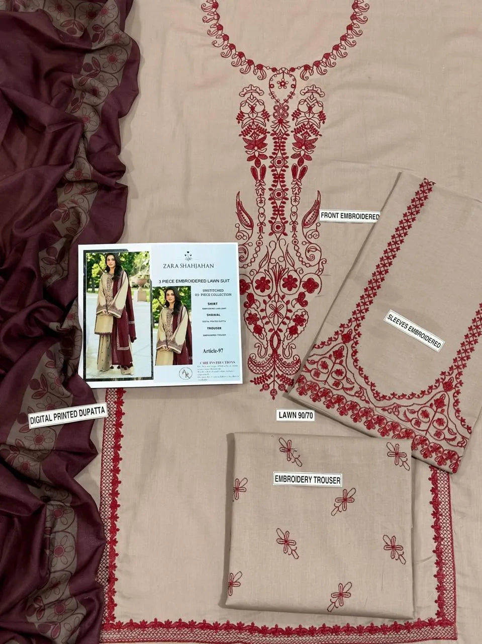3-Piece Embroidered Lawn Suit Ivory Maroon for Weddings