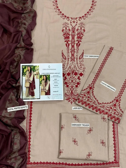 3-Piece Embroidered Lawn Suit Ivory Maroon for Weddings