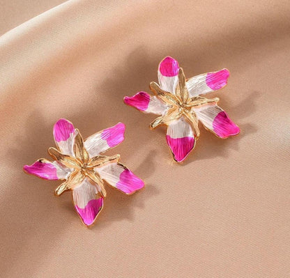 Pink Enamel Star Flower Studs for Women