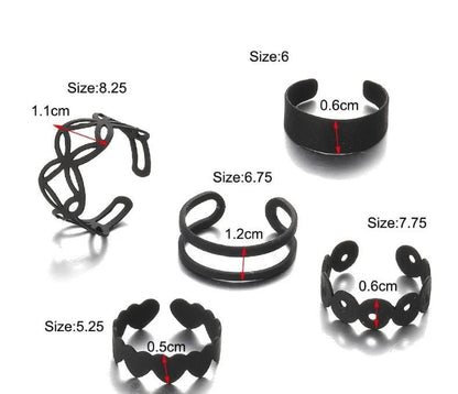 Black Silver Plated Rings Set of 5 Adjustable Pakistani Women
