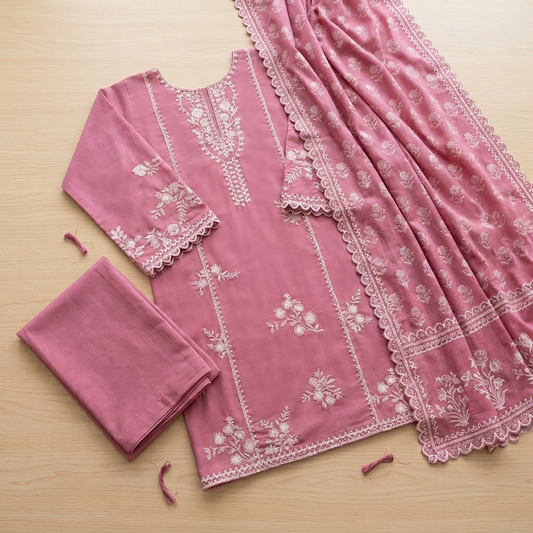 Pink Embroidered Lawn 3Pcs Set with Printed Dupatta