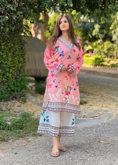 2 Pcs Women's Stitched Lawn Printed Co-Ord Set