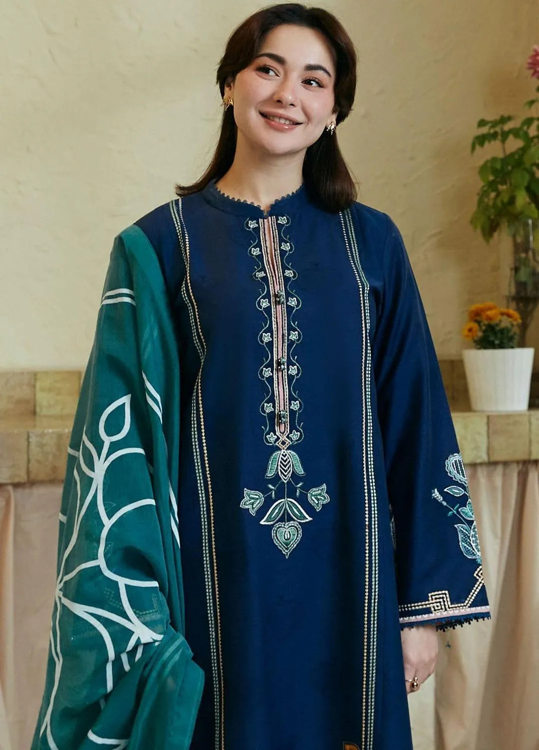 3-Piece Embroidered Lawn Suit Blue Green for Women
