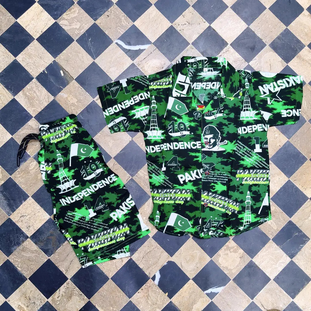 14 August 2 Pcs Boy's Dhanak Printed Shirt And Shorts Set