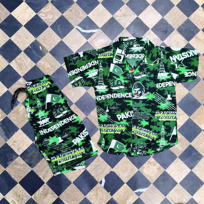 14 August 2 Pcs Boy's Dhanak Printed Shirt And Shorts Set