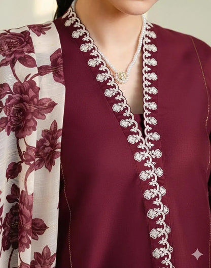 Maroon Embroidered Lawn Shirt Set with Dupatta