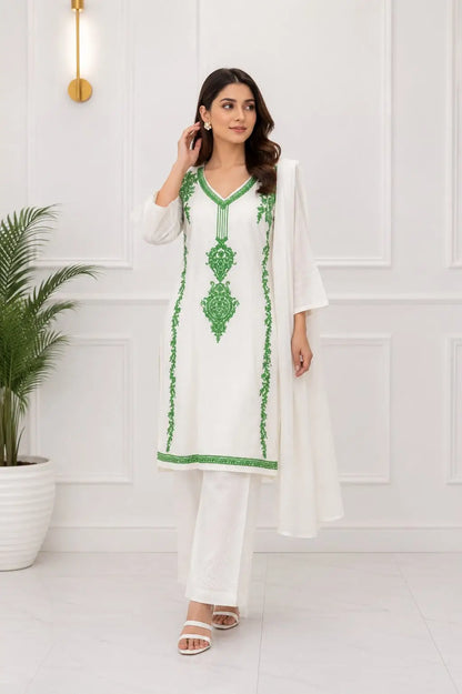 3 Pcs Women's Stitched Arabic Lawn Embroidered Suit Azadi Special