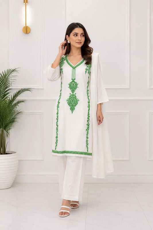 3 Pcs Women's Stitched Arabic Lawn Embroidered Suit Azadi Special