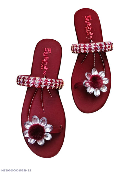 Maroon Satin Sandals with Gemstone Strap & Crystal Flower Accent