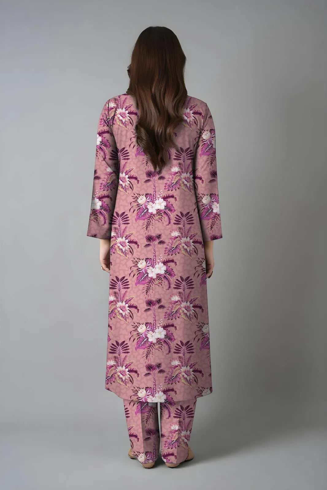 Pakistani Women Floral Printed Lawn Suit Peach Purple