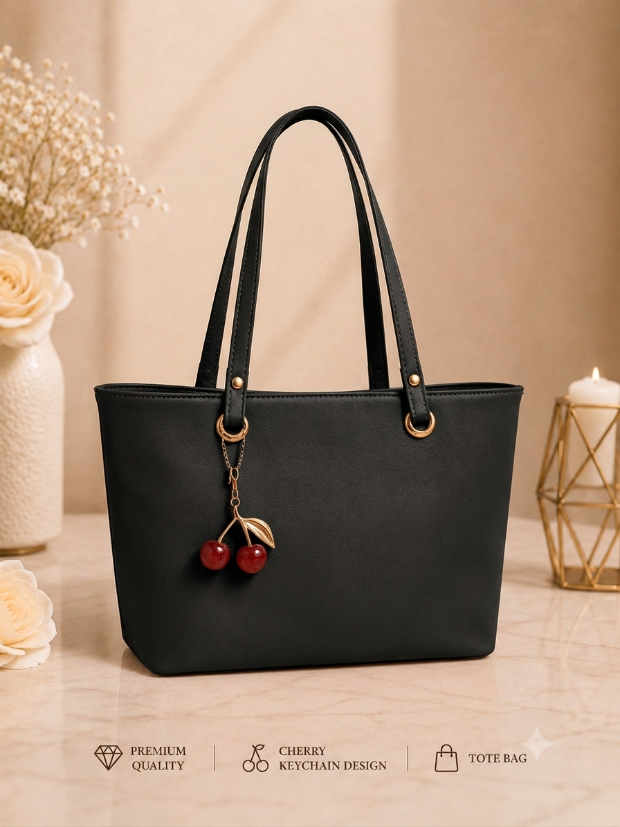 Cherry Charm Women's Tote Bag with Dual Zip Compartments, Back Pocket & Inner Pocket