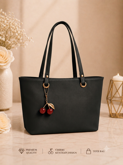 Cherry Charm Women's Tote Bag with Dual Zip Compartments, Back Pocket & Inner Pocket