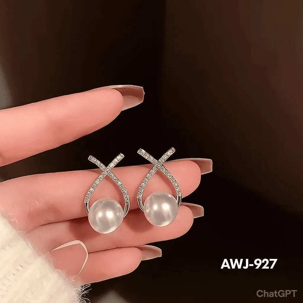 Cross Zircon Pearl Earrings Silver Gold Set