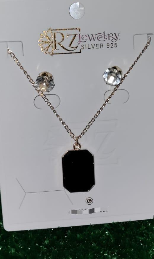 Black Stone Pendant Set with Gold Chain & Earrings