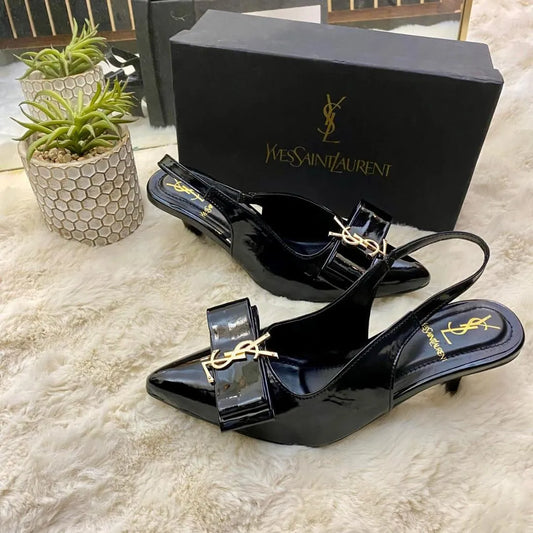 Black Bow Heels for Women with Gold Hardware