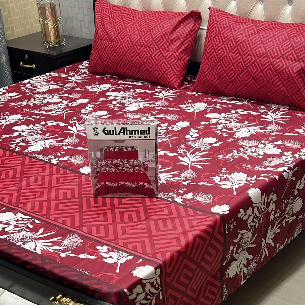 Red Floral Geometric Cotton Bedsheet Set King Size