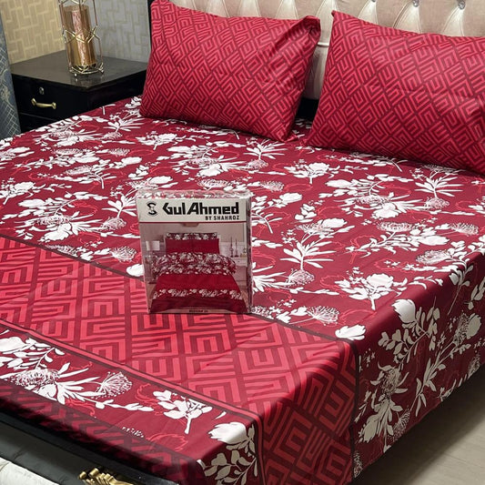 Red Floral Geometric Cotton Bedsheet Set King Size