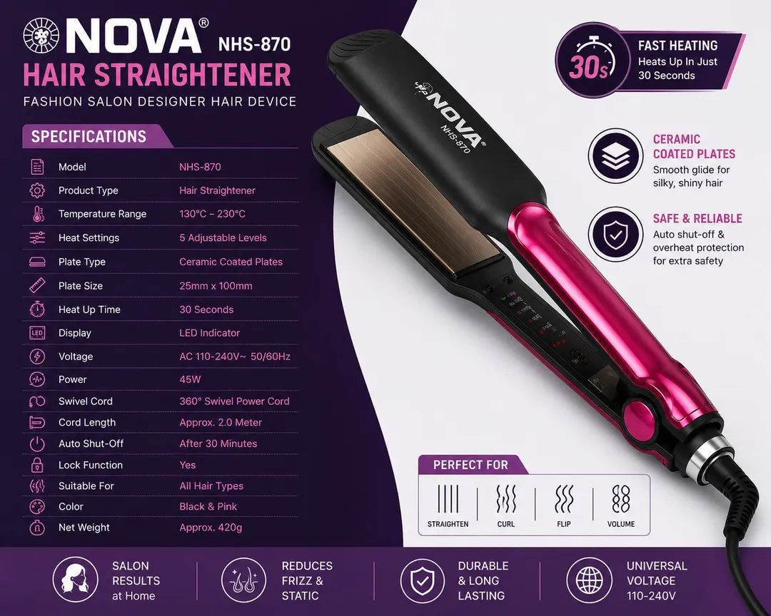 NOVA NHS-870 Professional Hair Straightener | Adjustable Temperature Control | Ceramic Coated Plates | Fast Heating Hair Styling Tool