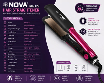 NOVA NHS-870 Professional Hair Straightener | Adjustable Temperature Control | Ceramic Coated Plates | Fast Heating Hair Styling Tool