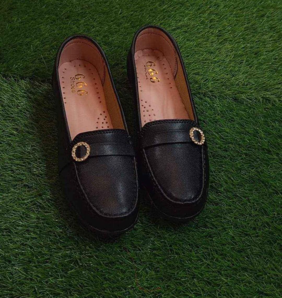 Black PVC Loafers with Gold Buckle for Women