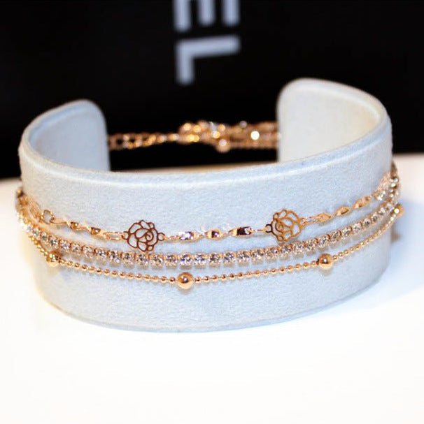 Three Layer Rose Gold Rhinestone Bracelet for Women