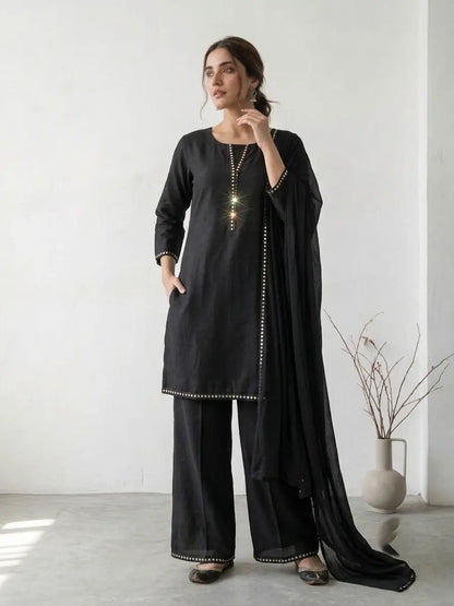3 Pcs Women's Stitched Lawn Plain Suit with Mirror Lace work