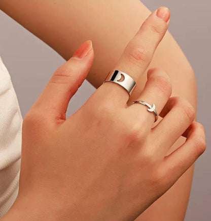 Silver Moon Rings Set of 2 Adjustable Alloy
