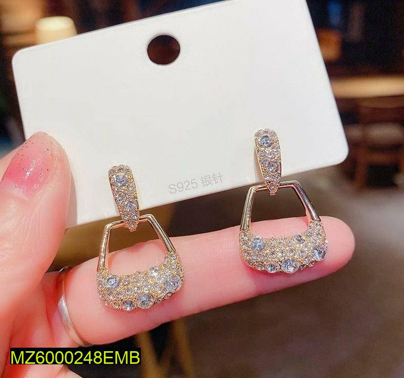 Golden Geometric Drop Earrings for Women with Sparkling Stones