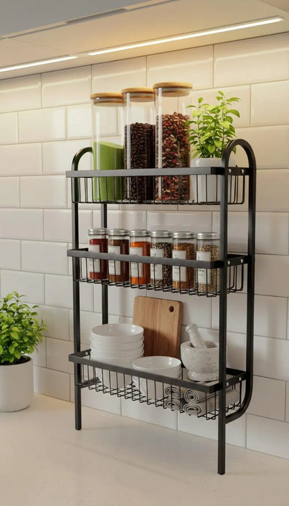 Wall Mounted Spice Rack Black Stainless Steel 3 Tier