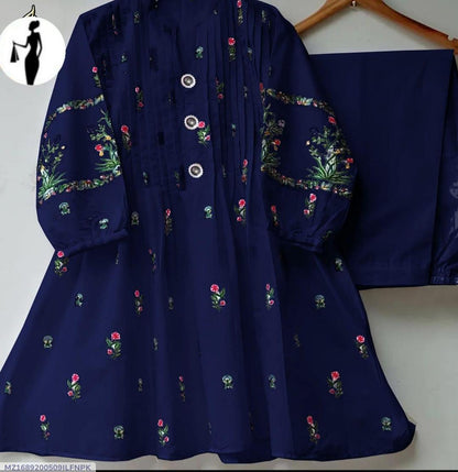 Blue Floral Embroidered 2-Piece Cotton Set for Women