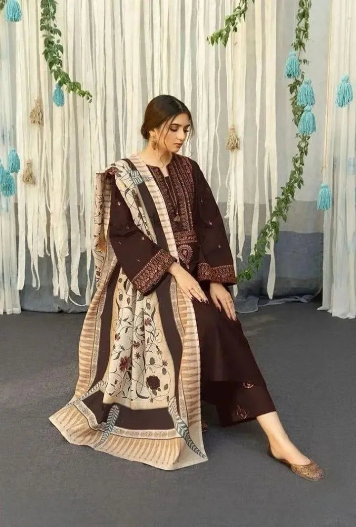 3pc Embroidered Lawn Suit Brown Floral Dupatta